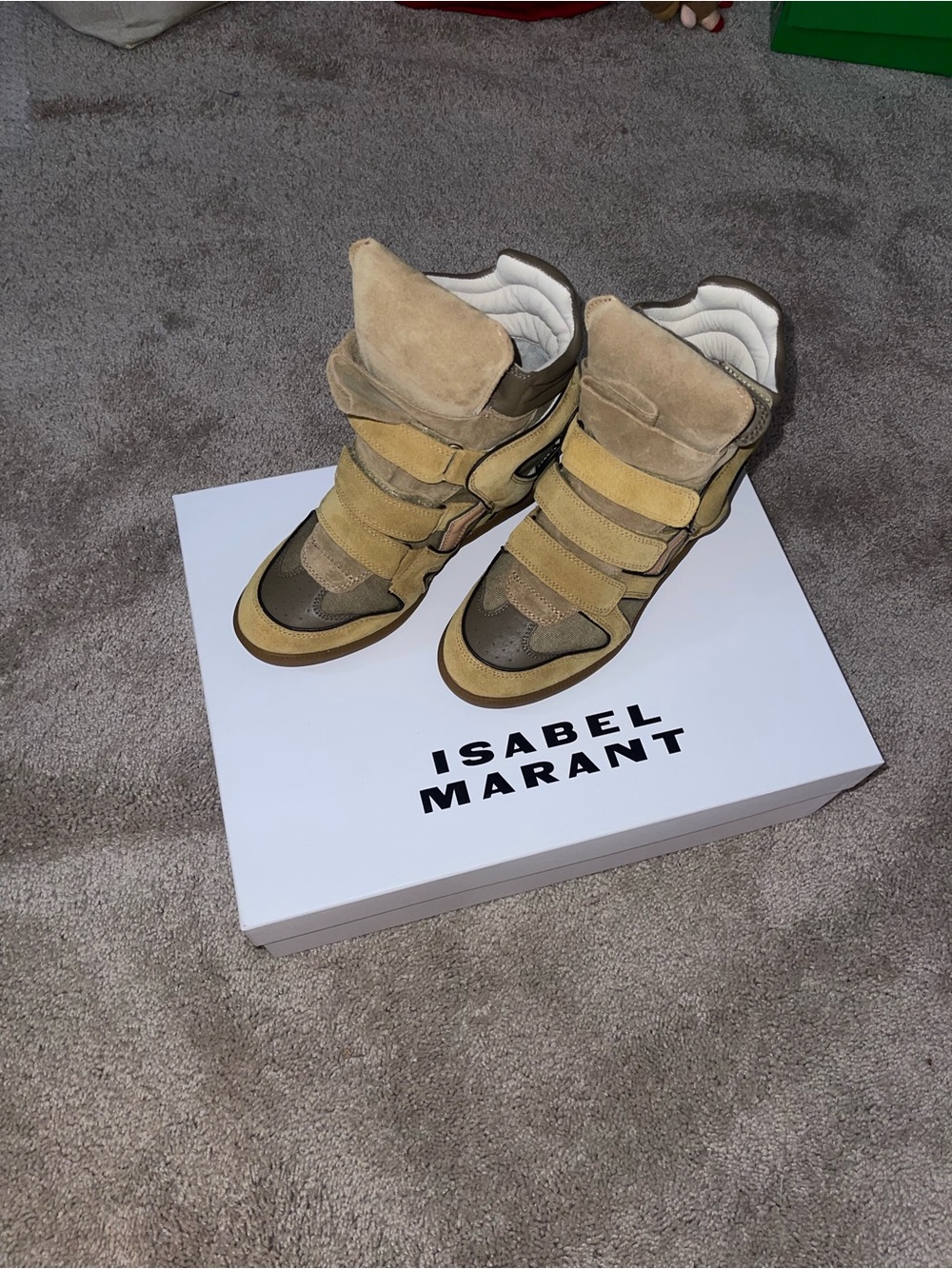 Isabel Marant Suede and Leather High-Top Wedge Sneakers in Beige and Olive